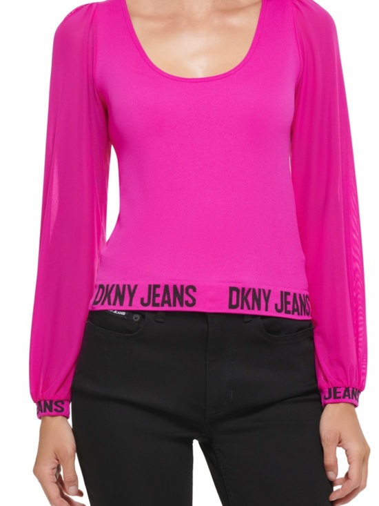 Dkny Tops - 🩷DKNY JEANS🩷MESH-SLEEVE, LOGO TRIM, SCOOP NECK BLOUSE. NWOT.